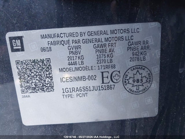 12616746 :رقم المزاد ، 1G1RA6S51JU151867 vin ، 2018 Chevrolet Volt Lt مزاد بيع