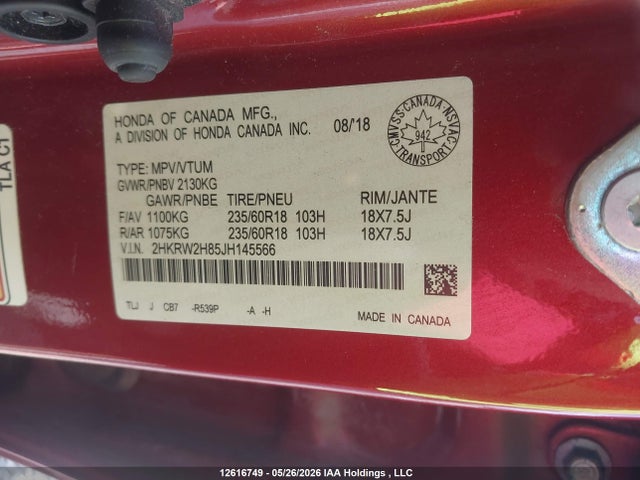 2HKRW2H85JH145566 Honda Cr-v Ex-l