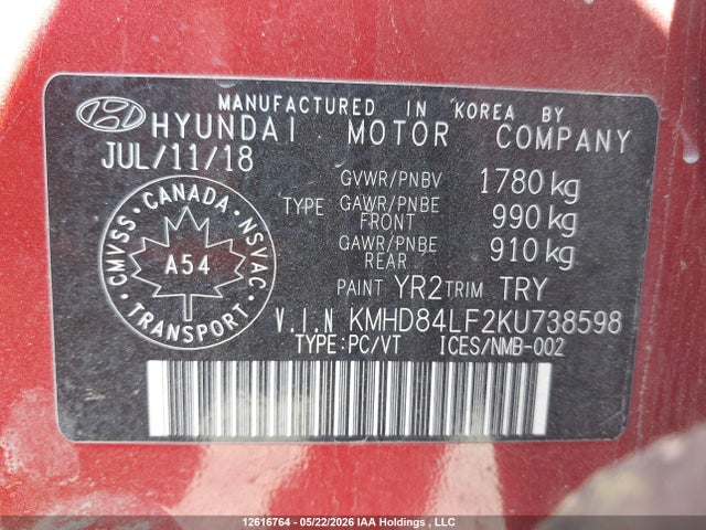 KMHD84LF2KU738598 Hyundai Elantra