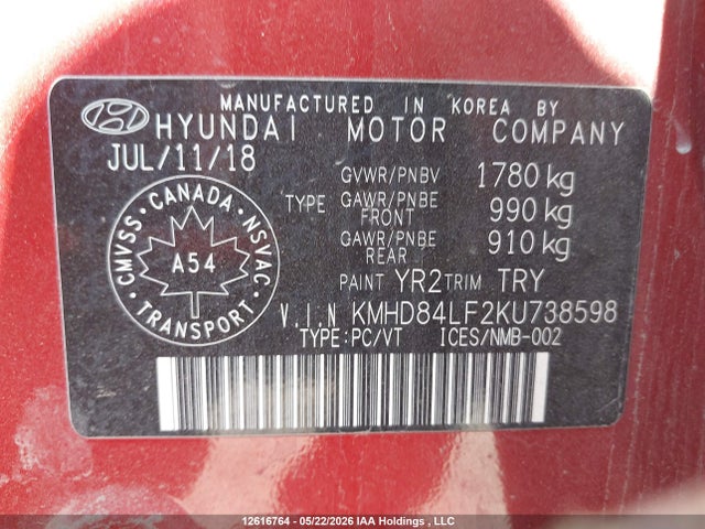 KMHD84LF2KU738598 Hyundai Elantra