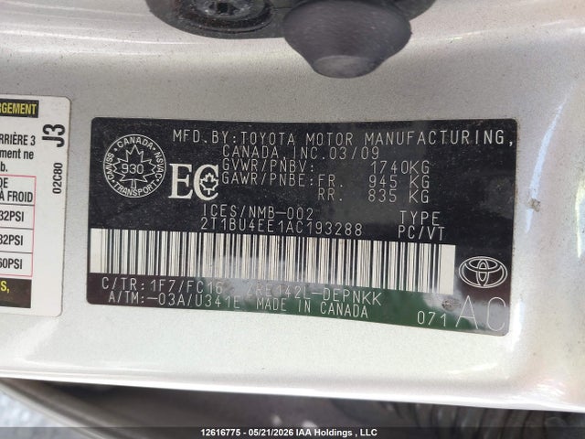 12616775 :رقم المزاد ، 2T1BU4EE1AC193288 vin ، 2010 Toyota Corolla S/le/xle مزاد بيع