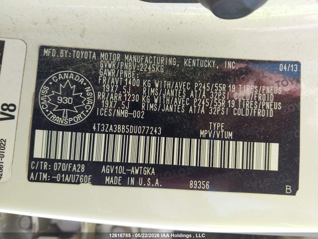 2013 Toyota Venza მანქანა იყიდება აუქციონზე, vin: 4T3ZA3BB5DU077243, აუქციონის ნომერი: 12616785