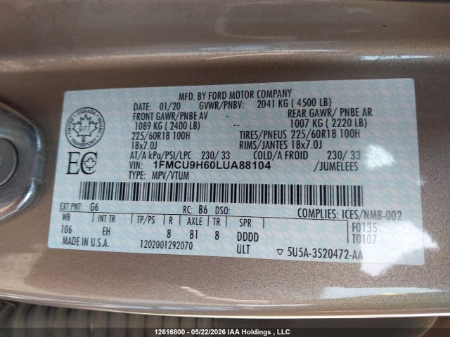 12616800 :رقم المزاد ، 1FMCU9H60LUA88104 vin ، 2020 Ford Escape Sel مزاد بيع