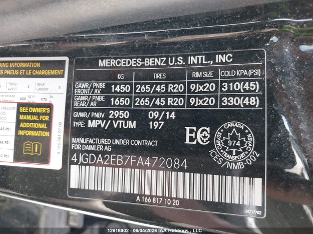 4JGDA2EB7FA472084 Mercedes-Benz Ml 350 Bluetec 4matic