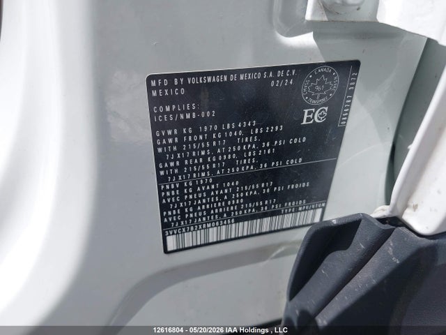 12616804 :رقم المزاد ، 3VVCX7B2XRM063456 vin ، 2024 Volkswagen Taos Trendline مزاد بيع