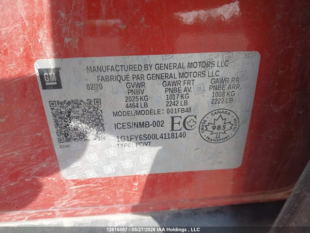Продаж на аукціоні авто 2020 Chevrolet Bolt Ev Lt, vin: 1G1FY6S00L4118140, номер лоту: 12616807