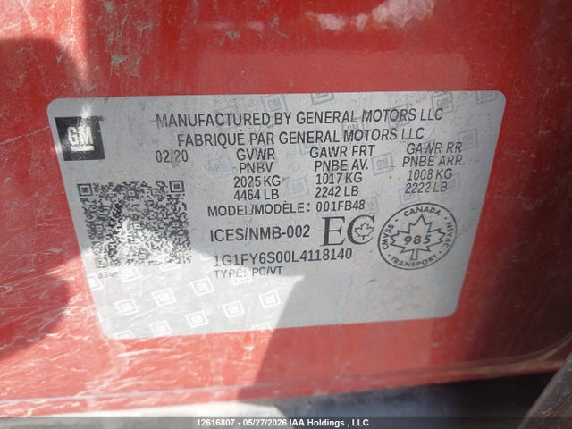 Продаж на аукціоні авто 2020 Chevrolet Bolt Ev Lt, vin: 1G1FY6S00L4118140, номер лоту: 12616807