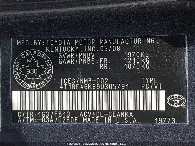 2009 Toyota Camry Se/le/xle მანქანა იყიდება აუქციონზე, vin: 4T1BE46K89U305791, აუქციონის ნომერი: 12616808