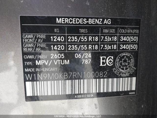 Продажа на аукционе авто 2024 Mercedes-benz Eqb 300 4matic, vin: W1N9M0KB7RN100082, номер лота: 12616824