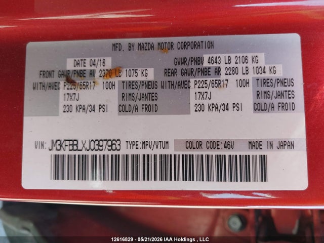 12616829 :رقم المزاد ، JM3KFBBLXJ0397963 vin ، 2018 Mazda Cx-5 Sport مزاد بيع