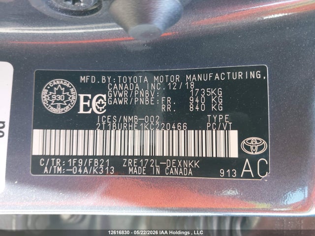 2019 Toyota Corolla Le მანქანა იყიდება აუქციონზე, vin: 2T1BURHE1KC220466, აუქციონის ნომერი: 12616830