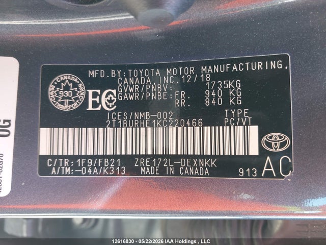 2019 Toyota Corolla Le მანქანა იყიდება აუქციონზე, vin: 2T1BURHE1KC220466, აუქციონის ნომერი: 12616830
