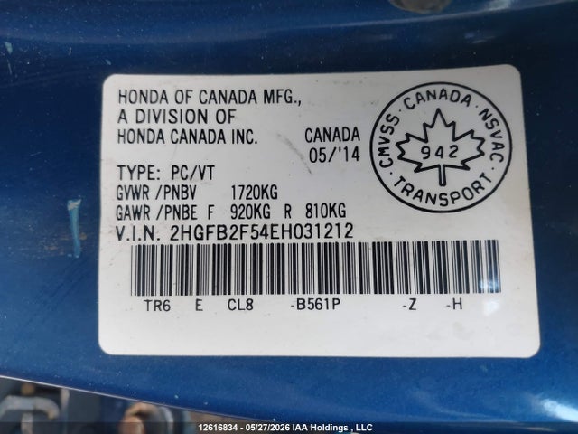 12616834 :رقم المزاد ، 2HGFB2F54EH031212 vin ، 2014 Honda Civic Lx مزاد بيع