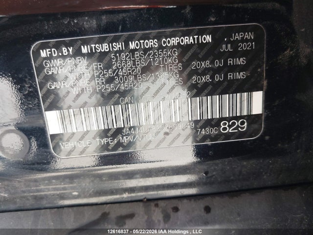 2022 Mitsubishi Outlander Se/black Edition მანქანა იყიდება აუქციონზე, vin: JA4J4UA83NZ609049, აუქციონის ნომერი: 12616837