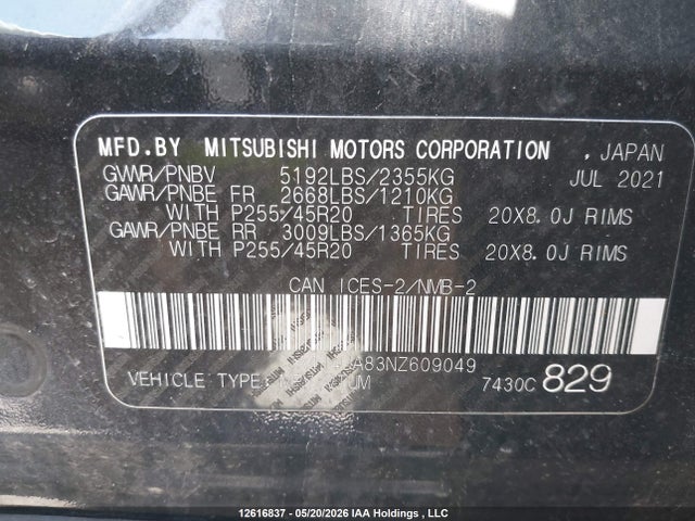 2022 Mitsubishi Outlander Se/black Edition მანქანა იყიდება აუქციონზე, vin: JA4J4UA83NZ609049, აუქციონის ნომერი: 12616837