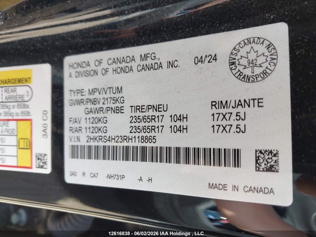 Продажа на аукционе авто 2024 Honda Cr-v Lx, vin: 2HKRS4H23RH118865, номер лота: 12616838