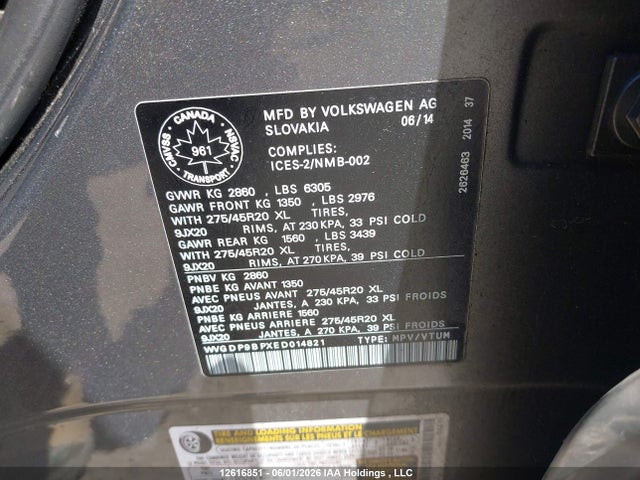 Продажа на аукционе авто 2014 Volkswagen Touareg Tdi, vin: WVGDP9BPXED014821, номер лота: 12616851