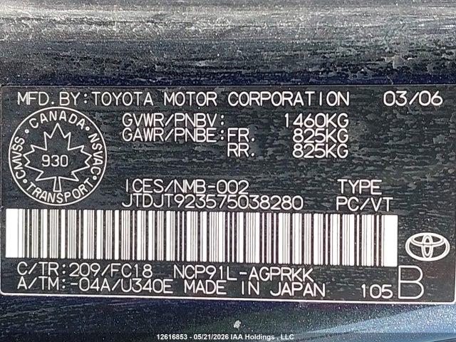 12616853 :رقم المزاد ، JTDJT923575038280 vin ، 2007 Toyota Yaris مزاد بيع