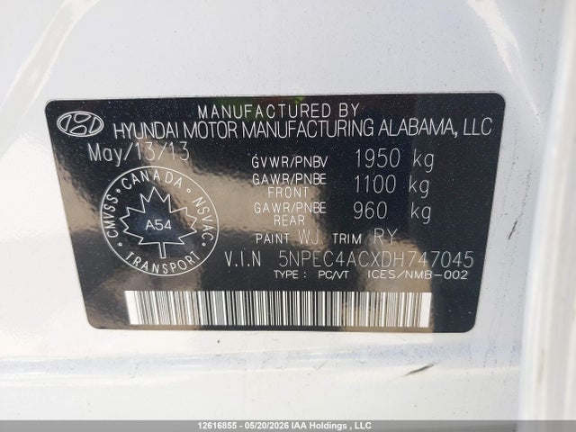 Auction sale of the 2013 Hyundai Sonata Se, vin: 5NPEC4ACXDH747045, lot number: 12616855
