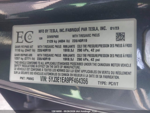 Aukcja sprzedaży 2023 Tesla Model 3 Rwd, vin: 5YJ3E1EA9PF464356, numer aukcji: 12616858