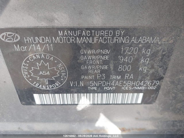 Aukcja sprzedaży 2011 Hyundai Elantra, vin: 5NPDH4AE5BH042679, numer aukcji: 12616862