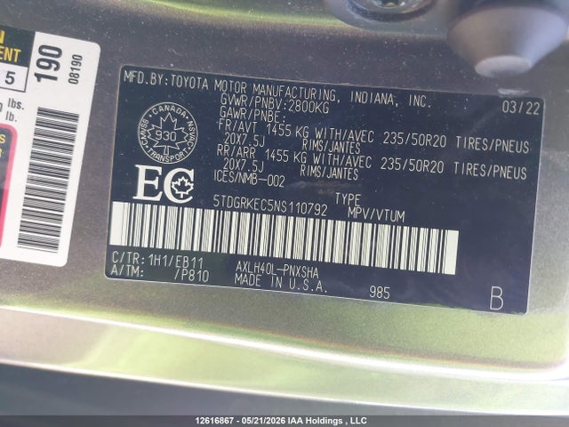 2022 Toyota Sienna Le/xle/xse/limited/platinum მანქანა იყიდება აუქციონზე, vin: 5TDGRKEC5NS110792, აუქციონის ნომერი: 12616867