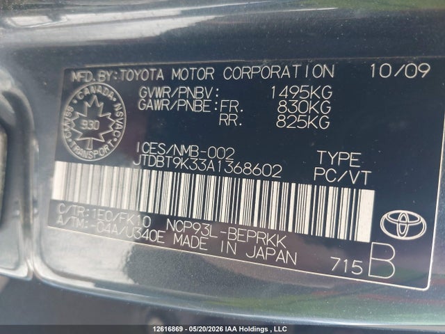 12616869 :رقم المزاد ، JTDBT9K33A1368602 vin ، 2010 Toyota Yaris مزاد بيع