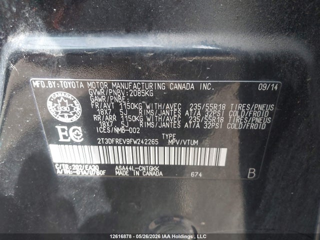 Продаж на аукціоні авто 2015 Toyota Rav4 Limited, vin: 2T3DFREV9FW242265, номер лоту: 12616878