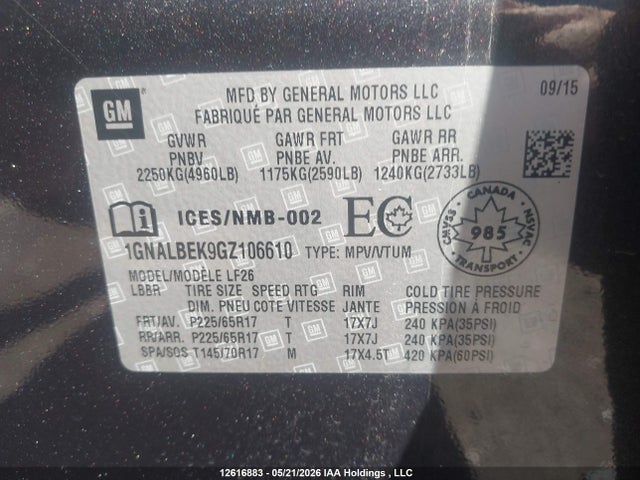 12616883 :رقم المزاد ، 1GNALBEK9GZ106610 vin ، 2016 Chevrolet Equinox Ls مزاد بيع
