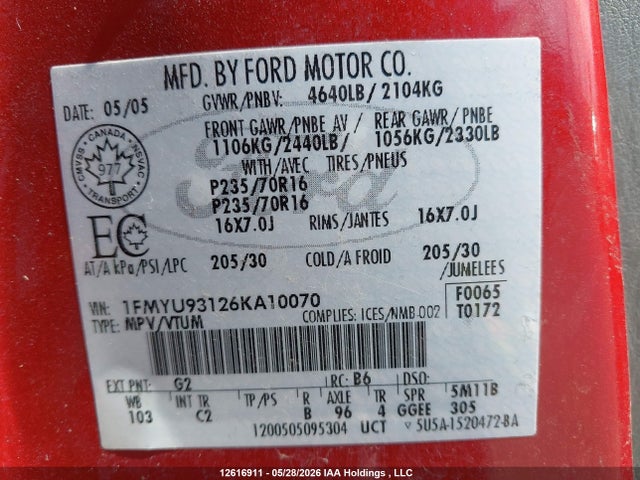 Aukcja sprzedaży 2006 Ford Escape Xlt, vin: 1FMYU93126KA10070, numer aukcji: 12616911