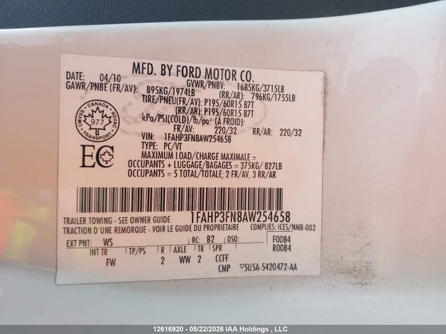 12616920 :رقم المزاد ، 1FAHP3FN8AW254658 vin ، 2010 Ford Focus Se مزاد بيع
