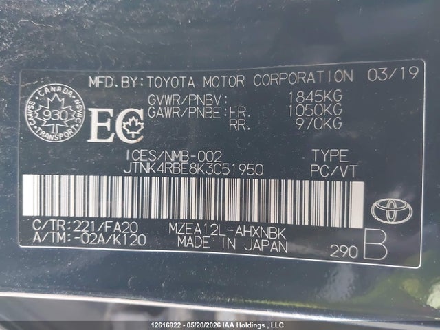 Продаж на аукціоні авто 2019 Toyota Corolla, vin: JTNK4RBE8K3051950, номер лоту: 12616922