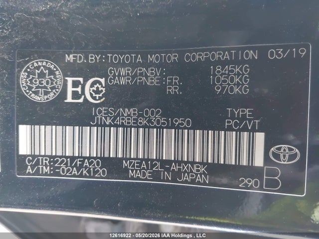 Продаж на аукціоні авто 2019 Toyota Corolla, vin: JTNK4RBE8K3051950, номер лоту: 12616922
