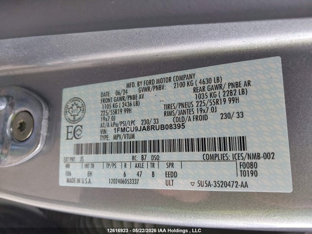 2024 Ford Escape Platinum მანქანა იყიდება აუქციონზე, vin: 1FMCU9JA8RUB08395, აუქციონის ნომერი: 12616923