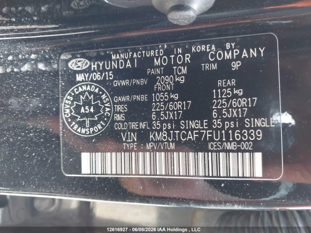 2015 Hyundai Tucson Gl მანქანა იყიდება აუქციონზე, vin: KM8JTCAF7FU116339, აუქციონის ნომერი: 12616927