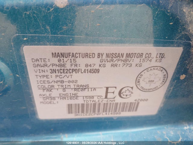 Auction sale of the 2015 Nissan Versa Note 1.6 S/1.6 Sl/1.6 Sr/1.6 Sv, vin: 3N1CE2CP0FL414509, lot number: 12616931