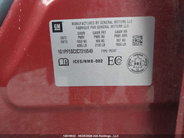 2012 Chevrolet Cruze Lt Turbo მანქანა იყიდება აუქციონზე, vin: 1G1PF5SC2C7319549, აუქციონის ნომერი: 12616932