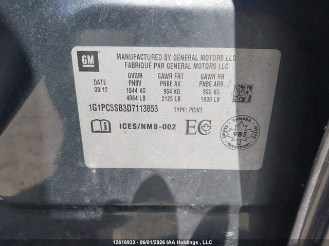 Продажа на аукционе авто 2013 Chevrolet Cruze Lt Turbo, vin: 1G1PC5SB3D7113853, номер лота: 12616933