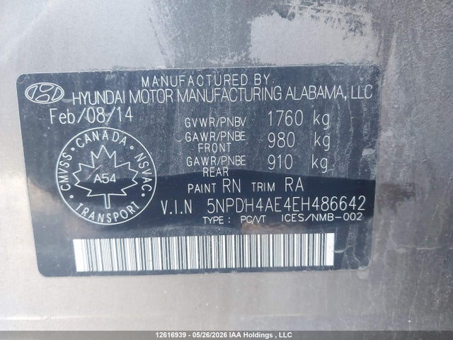 2014 Hyundai Elantra Se/sport/limited მანქანა იყიდება აუქციონზე, vin: 5NPDH4AE4EH486642, აუქციონის ნომერი: 12616939