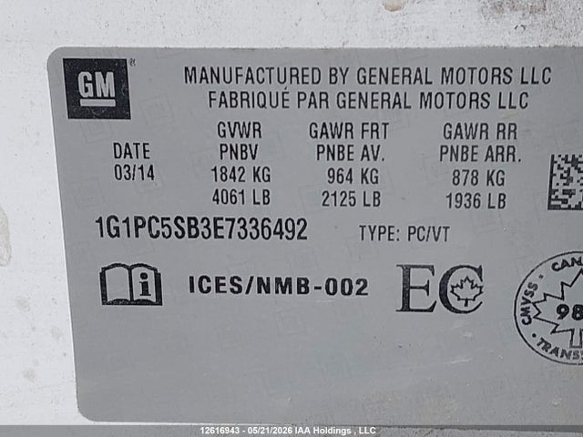 Aukcja sprzedaży 2014 Chevrolet Cruze Lt, vin: 1G1PC5SB3E7336492, numer aukcji: 12616943