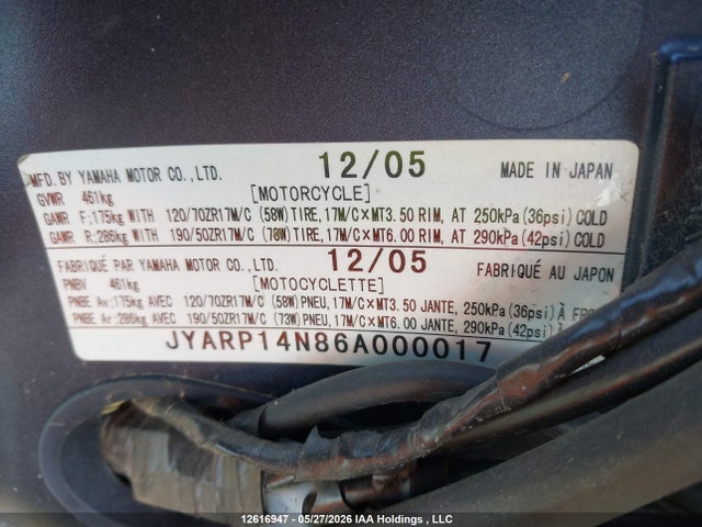 Aukcja sprzedaży 2006 Yamaha Mt-01, vin: JYARP14N86A000017, numer aukcji: 12616947