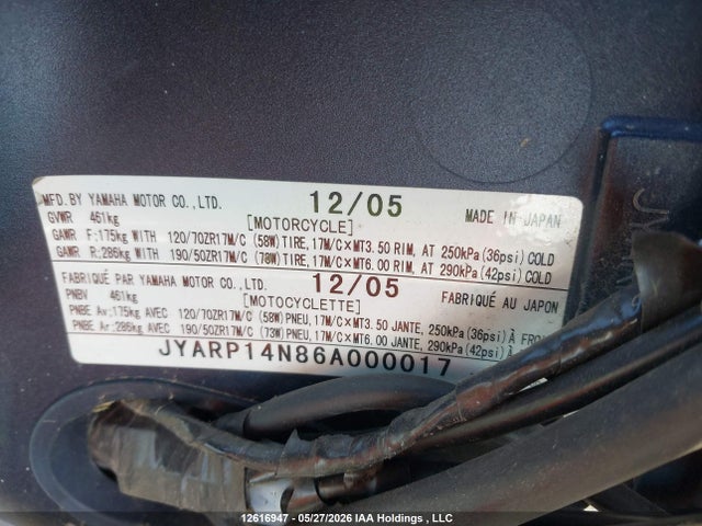Aukcja sprzedaży 2006 Yamaha Mt-01, vin: JYARP14N86A000017, numer aukcji: 12616947