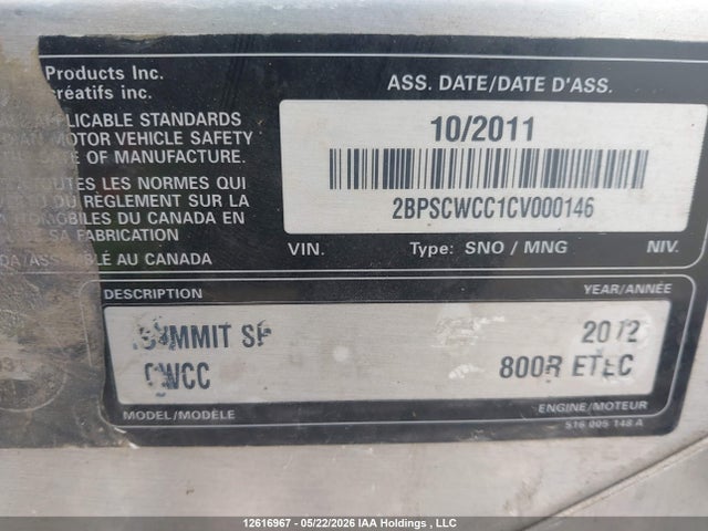 Aukcja sprzedaży 2012 Skidoo , vin: 2BPSCWCC1CV000146, numer aukcji: 12616967