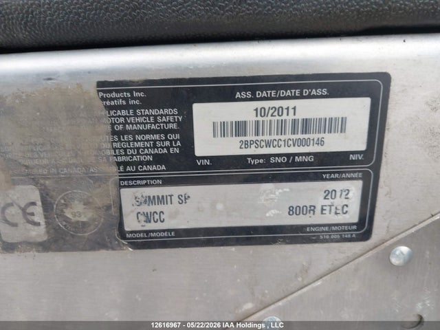 Aukcja sprzedaży 2012 Skidoo , vin: 2BPSCWCC1CV000146, numer aukcji: 12616967