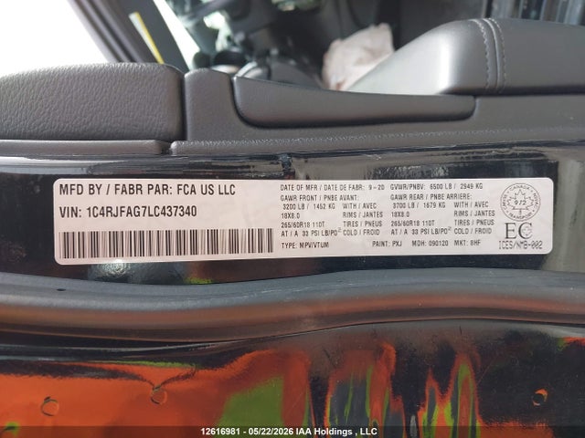 2020 Jeep Grand Cherokee North მანქანა იყიდება აუქციონზე, vin: 1C4RJFAG7LC437340, აუქციონის ნომერი: 12616981