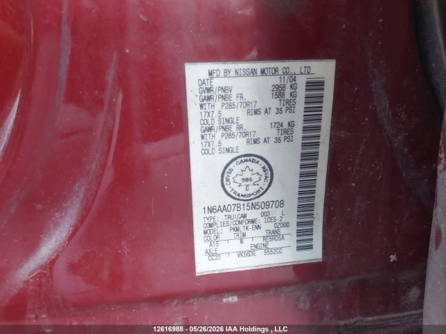 Aukcja sprzedaży 2005 Nissan Titan Se, vin: 1N6AA07B15N509708, numer aukcji: 12616988