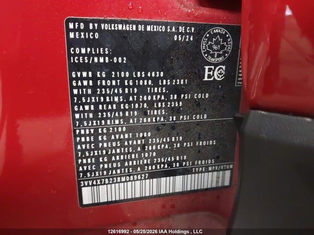 12616992 :رقم المزاد ، 3VV4X7B23RM089627 vin ، 2024 Volkswagen Taos Highline مزاد بيع