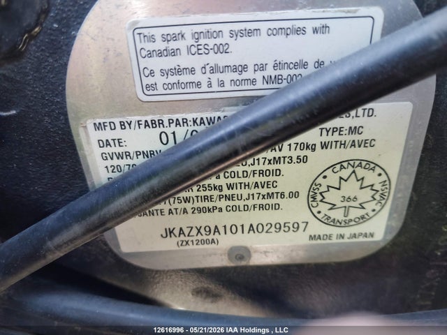 2001 Kawasaki Zx1200 A1 მანქანა იყიდება აუქციონზე, vin: JKAZX9A101A029597, აუქციონის ნომერი: 12616996