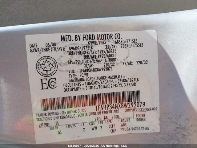12616997 :رقم المزاد ، 1FAHP34NX8W292079 vin ، 2008 Ford Focus S/se مزاد بيع