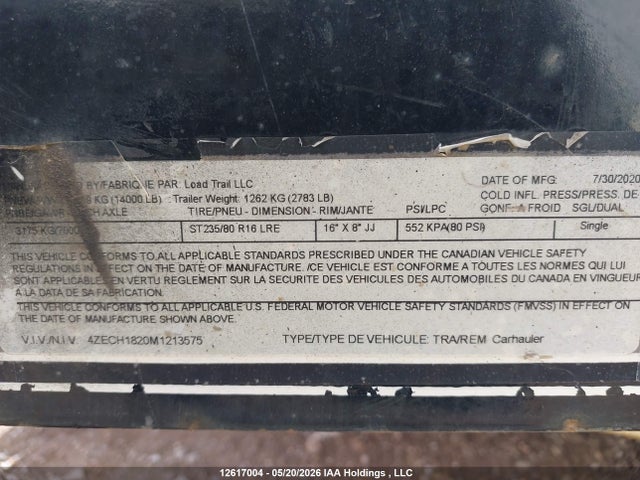 12617004 :رقم المزاد ، 4ZECH1820M1213575 vin ، 2021 Load Trail Flat Deck Trailer مزاد بيع